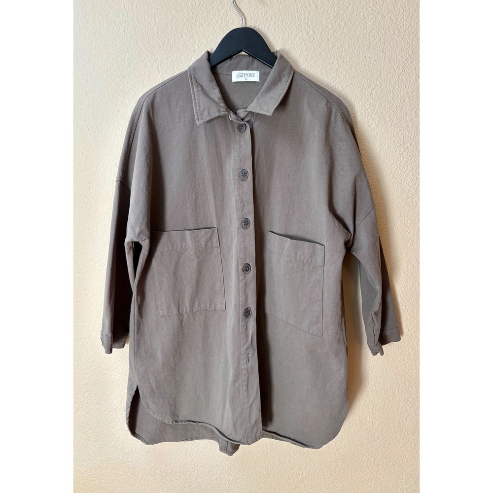 The Post Womens Cotton Button Down Shirt  Jacket Olive Brown Oversized Large